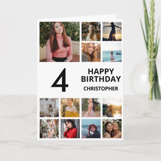 Vierde verjaardag Foto Collage 13 Foto's zwart-wit Kaart (Voorkant)