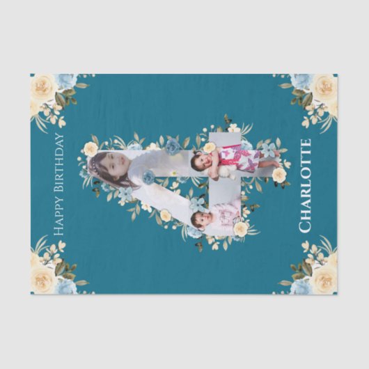 Vierde verjaardag Foto Collage Blauwgroen Blauwe G Tissuepapier (Voorkant)