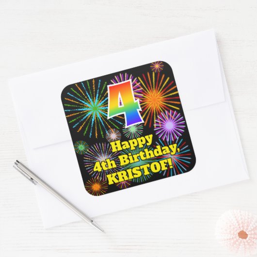 Vierde verjaardag: Fun Fireworks Kijk, regenboog # Vierkante Sticker (Envelop)