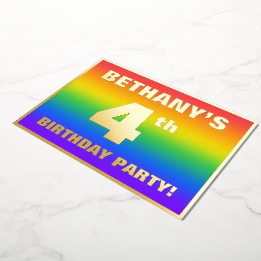Vierde verjaardag: Fun, kleurrijk regenboogpatroon Folie Uitnodiging (Gedraaid)