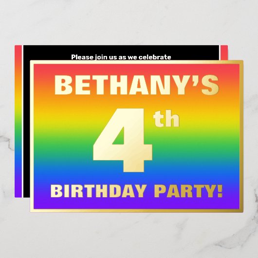 Vierde verjaardag: Fun, kleurrijk regenboogpatroon Folie Uitnodiging (Voorkant / Achterkant)