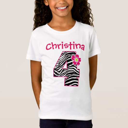 Vierde verjaardag 'Girl Hot Pink & Black Zebra' pa T-shirt (Voorkant)