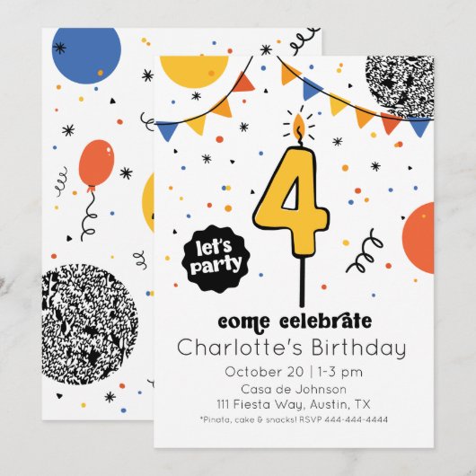 Vierde verjaardag kaars Doodle uitnodiging (Voorkant / Achterkant)