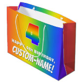 Vierde verjaardag: kleurrijk, vun regenboogpatroon groot cadeauzakje (Achterkant Gekanteld)