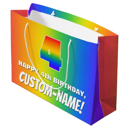 Vierde verjaardag: kleurrijk, vun regenboogpatroon groot cadeauzakje (Achterkant Gekanteld)