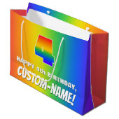 Vierde verjaardag: kleurrijk, vun regenboogpatroon groot cadeauzakje (Voorkant Gekanteld)