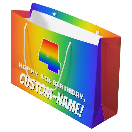 Vierde verjaardag: kleurrijk, vun regenboogpatroon groot cadeauzakje (Voorkant Gekanteld)