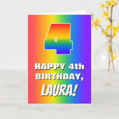 Vierde verjaardag: kleurrijk, vun regenboogpatroon kaart (Gele Bloem)