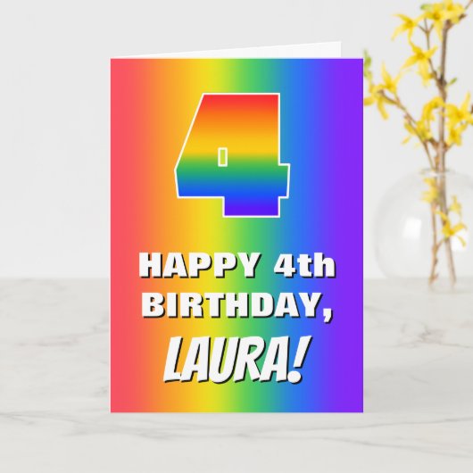 Vierde verjaardag: kleurrijk, vun regenboogpatroon kaart (Gele Bloem)