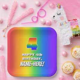 Vierde verjaardag: kleurrijk, vun regenboogpatroon papieren bordje