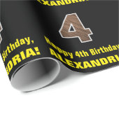 Vierde verjaardag: Naam & Faux Hout Grain Pattern Cadeaupapier (Rol Hoek)