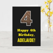 Vierde verjaardag: Naam, Faux Wood Grain Pattern " Kaart (Gele Bloem)