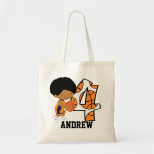 Vierde verjaardag Paarse en Oranje Basketball Play Tote Bag
