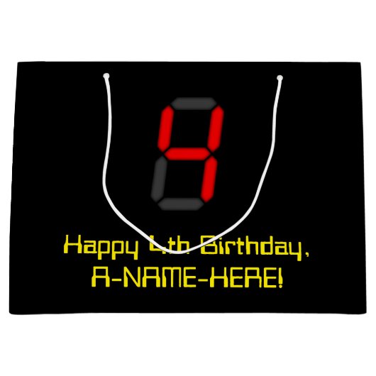 Vierde verjaardag: Red Digital Clock Style "4" + n Groot Cadeauzakje (Voorkant)