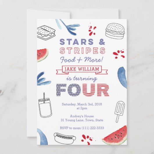 Vierde verjaardag rood wit en blauw voor jongen of kaart (Voorkant)