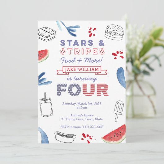 Vierde verjaardag rood wit en blauw voor jongen of kaart (Staand voorkant)