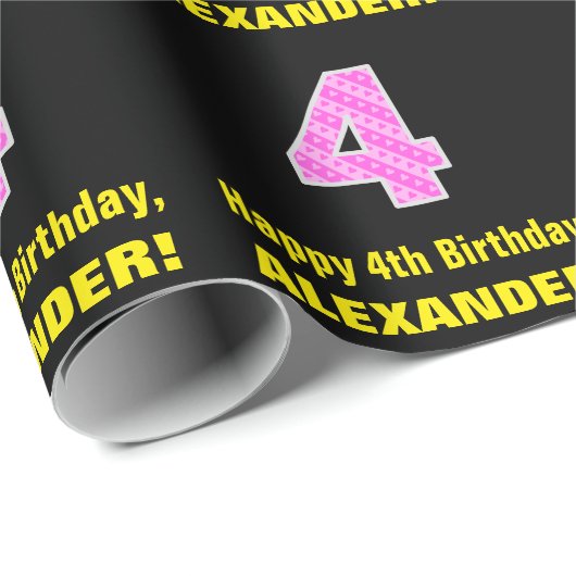 Vierde verjaardag: Roze strepen en hart "4" + naam Cadeaupapier (Rol Hoek)