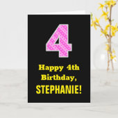 Vierde verjaardag: Roze strepen en hart "4" + naam Kaart (Gele Bloem)