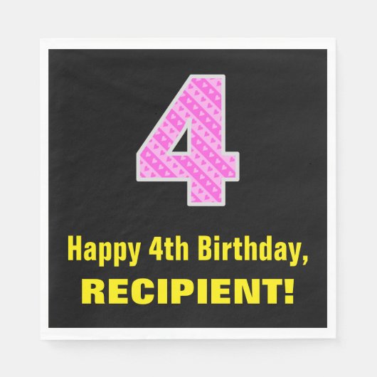 Vierde verjaardag: Roze strepen en hart "4" + naam Servet (Voorkant)