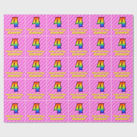 Vierde verjaardag: Roze strips & harten, regenboog Cadeaupapier (Vlak)