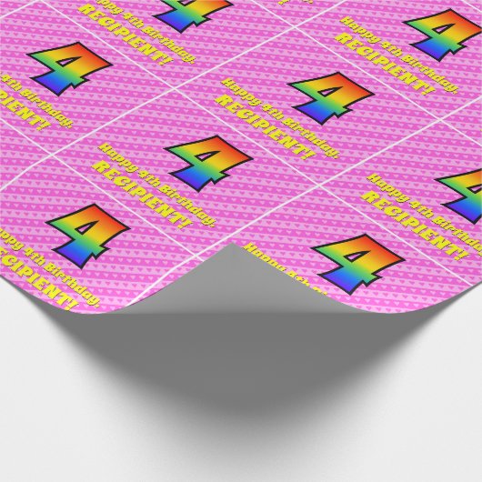 Vierde verjaardag: Roze strips & harten, regenboog Cadeaupapier (Hoek)