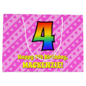 Vierde verjaardag: Roze strips & harten, regenboog Groot Cadeauzakje (Achterkant)