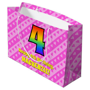 Vierde verjaardag: Roze strips & harten, regenboog Groot Cadeauzakje