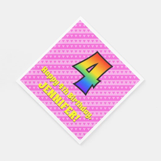 Vierde verjaardag: Roze strips & harten, regenboog Servet (Hoek)