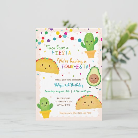 Vierde verjaardag themauitnodiging voor Taco - vie Kaart (Staand voorkant)