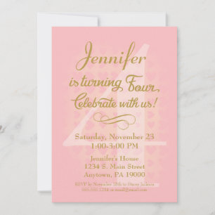 Vierde verjaardag Uitnodiging Meisjes Roze Gold He