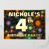 Vierde verjaardag van de geboorte — Fun, kleurrijk Folie Uitnodiging (Voorkant)