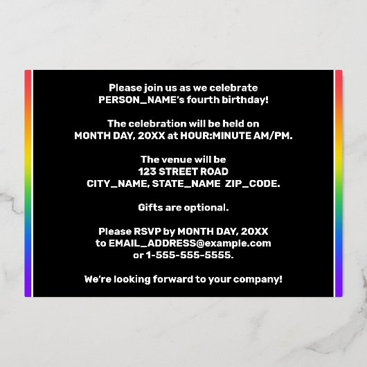 Vierde verjaardag van de geboorte — Fun, kleurrijk Folie Uitnodiging (Achterkant)