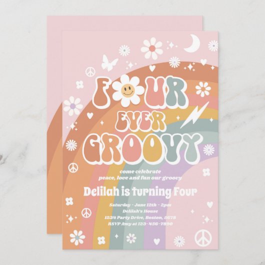 Vierde verjaardag van de Groovy Hippie Kaart (Voorkant / Achterkant)
