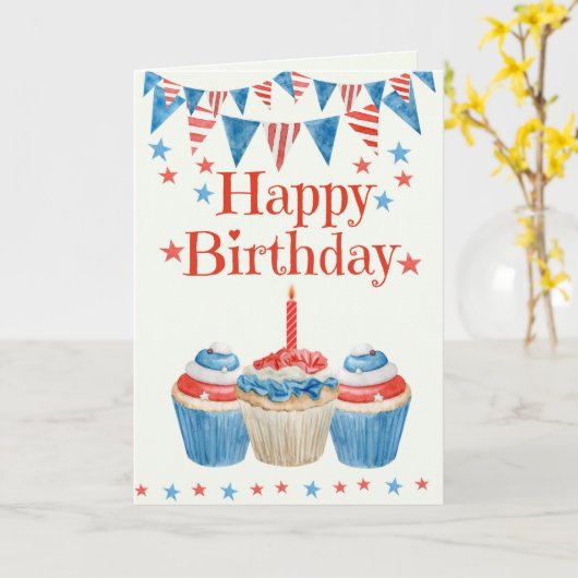 Vierde verjaardag van de Rode Witte Blauwe Cupcake Kaart (Gele Bloem)