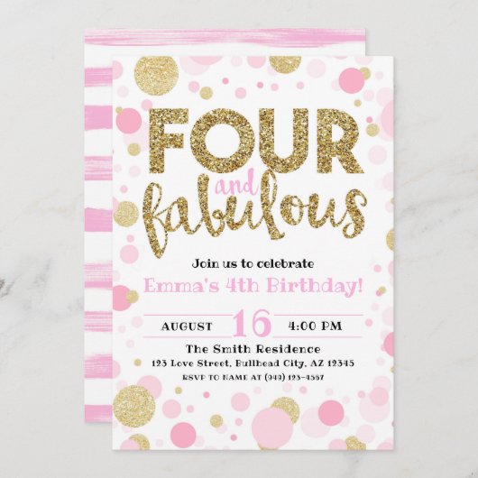 Vierde verjaardag van de roze & gouden vier en ver kaart (Voorkant / Achterkant)