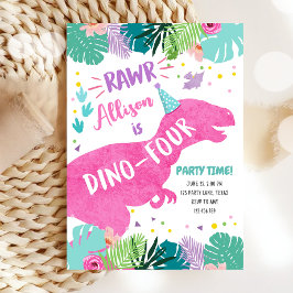 Vierde verjaardag van Dino-Vier Roze Dinosaur Girl Kaart