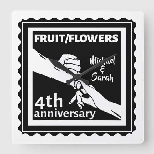 Vierde verjaardag van het huwelijk met romantische vierkante klok (Voorkant)