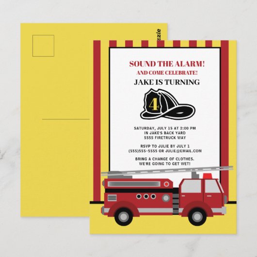 Vierde verjaardag van Red Yellow Striped Firevrach Briefkaart (Voorkant / Achterkant)