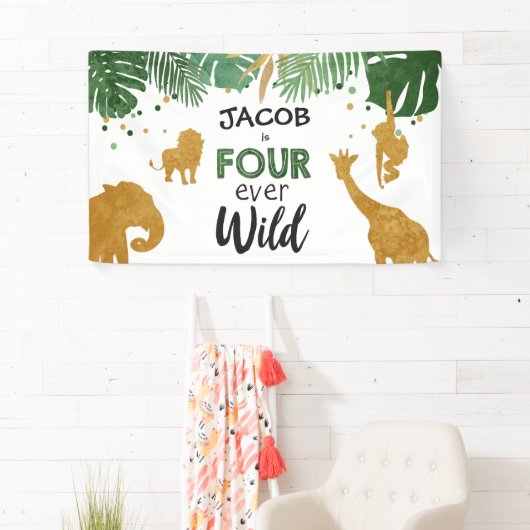 Vierde verjaardag van vier wilde Safari Dieren Spandoek (Insitu)