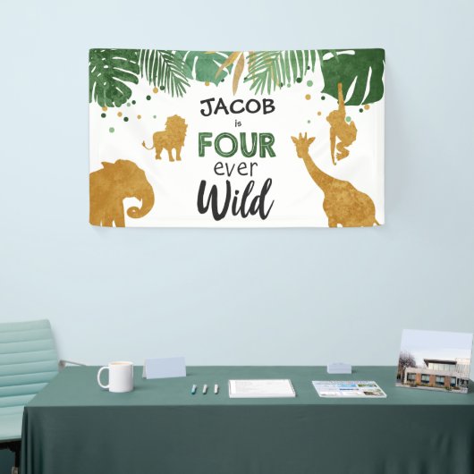 Vierde verjaardag van vier wilde Safari Dieren Spandoek (Beurs)