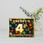 Vierde verjaardag: Vette, kleurrijke Fireworks-loo Folie Uitnodiging Briefkaart (Staand Voorkant)