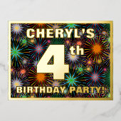 Vierde verjaardag: Vette, kleurrijke Fireworks-loo Folie Uitnodiging Briefkaart (Voorkant)