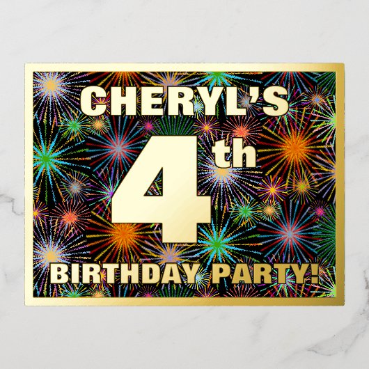 Vierde verjaardag: Vette, kleurrijke Fireworks-loo Folie Uitnodiging Briefkaart (Voorkant)