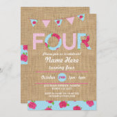 Vierde verjaardag vier Roos van de Burlap Kaart (Voorkant / Achterkant)