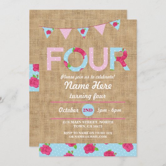 Vierde verjaardag vier Roos van de Burlap Kaart (Voorkant / Achterkant)
