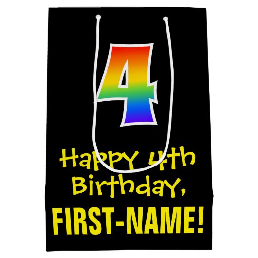 Vierde verjaardag: Vun, Vet, kleurrijk, Regenboog Medium Cadeauzakje (Achterkant)