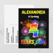 Vierde verjaardag - vuurwerk, regenboogblik "4" briefkaart (Voorkant / Achterkant)