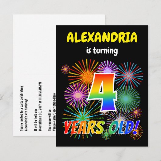 Vierde verjaardag - vuurwerk, regenboogblik "4" briefkaart (Voorkant / Achterkant)