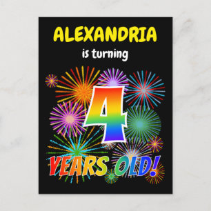 Vierde verjaardag - vuurwerk, regenboogblik "4" briefkaart