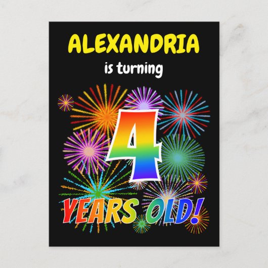Vierde verjaardag - vuurwerk, regenboogblik "4" briefkaart (Voorkant)